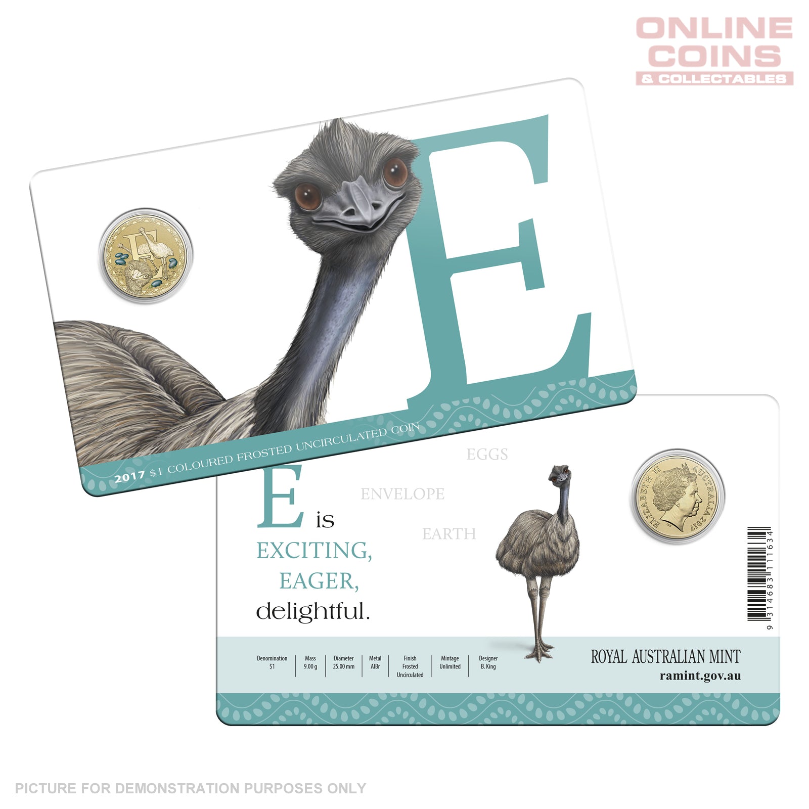 2017 $1 Coloured Alphabet Frosted Coin In Card - E For Emu